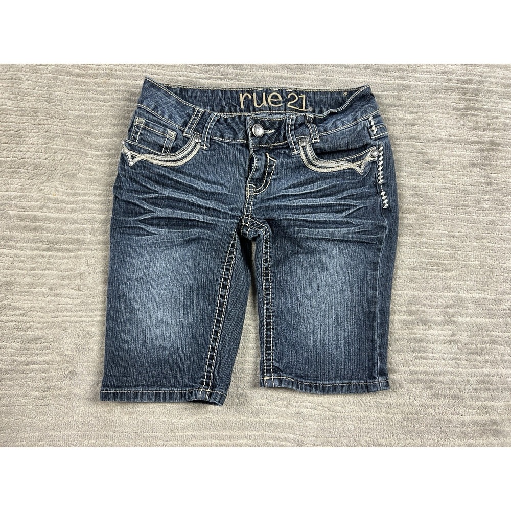 Rue 21 Jean Shorts Womens 0 Blue Bermuda Embellished Thick Stitch Ramie Blend
